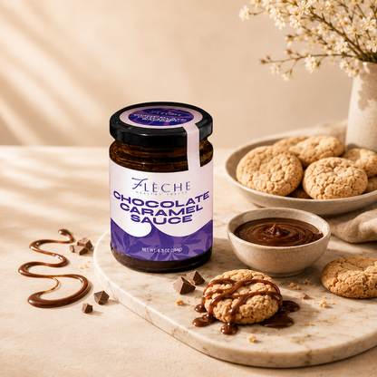 Jar of Aleche Chocolate Caramel Sauce with cookies and sauce on a marble board.