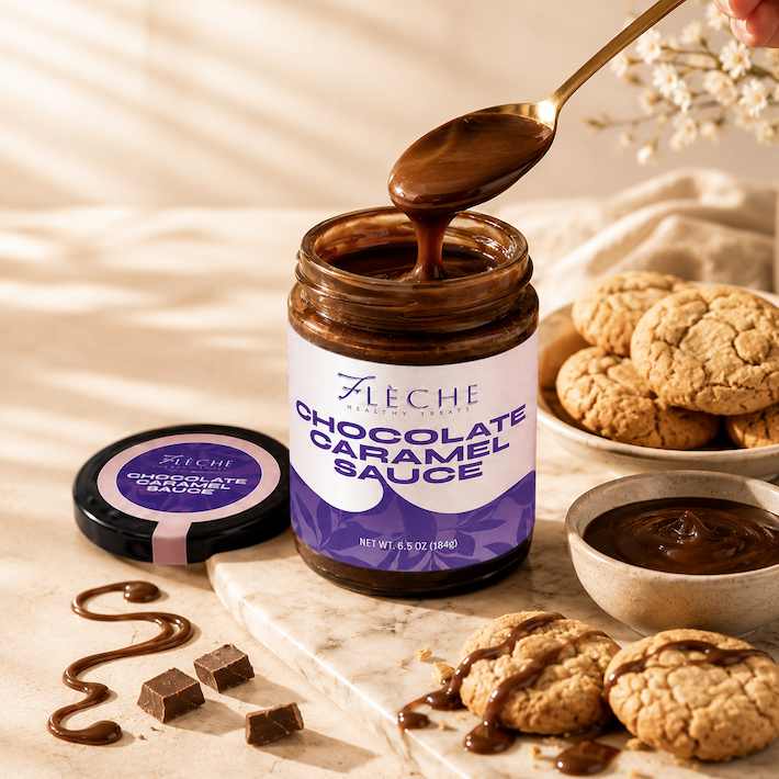 Jar of Fleche Chocolate Caramel Sauce with a spoonful being lifted, surrounded by cookies and chocolate pieces.