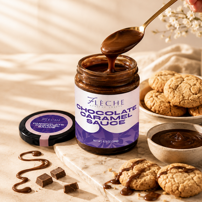 Jar of Fleche Chocolate Caramel Sauce with a spoonful being lifted, surrounded by cookies and chocolate pieces.