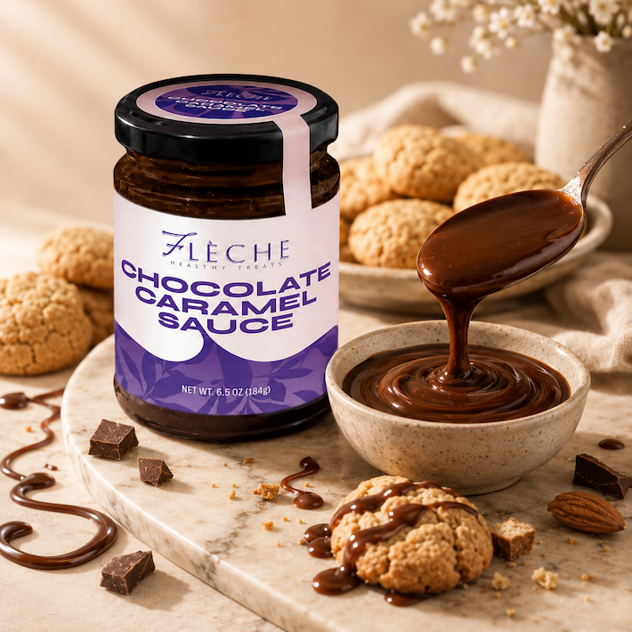 Jar of Fleche Chocolate Caramel Sauce with a spoonful being poured over cookies.