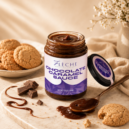 Jar of Fleche Chocolate Caramel Sauce with cookies and chocolate pieces on a marble surface.