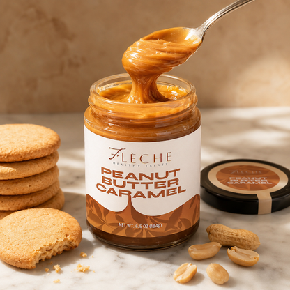 Jar of Fleche Peanut Butter Caramel with a spoonful of the spread, surrounded by cookies and peanuts on a marble surface.