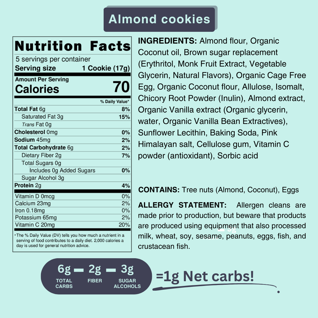 Almond Cookies Sugar Free Gluten Free Dairy Free (Bag of 5 cookies) - Fleche Healthy Treats