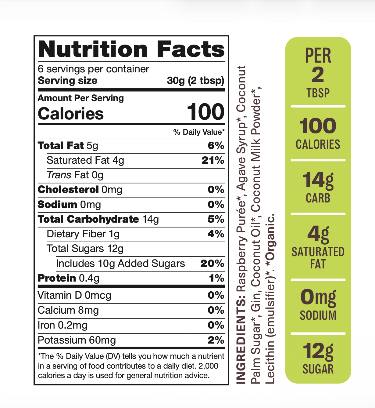Flèche raspberry spread Nutrition facts label and ingredients list on a white background