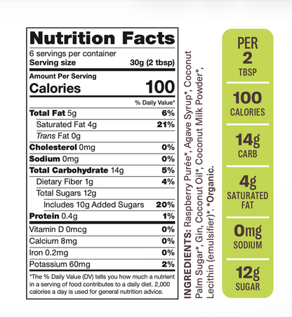 Flèche raspberry spread Nutrition facts label and ingredients list on a white background