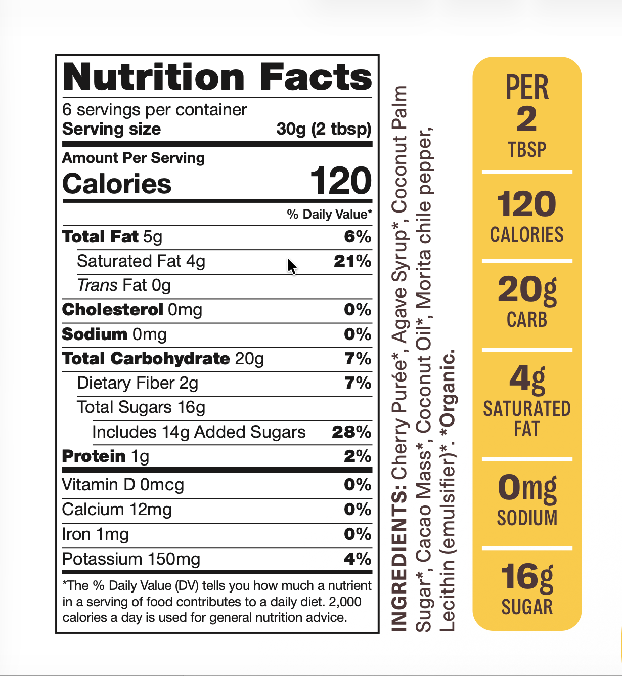 Nutrition facts label for a product with detailed calorie count, macronutrient breakdown, and ingredient list.