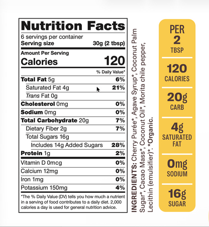 Nutrition facts label for a product with detailed calorie count, macronutrient breakdown, and ingredient list.