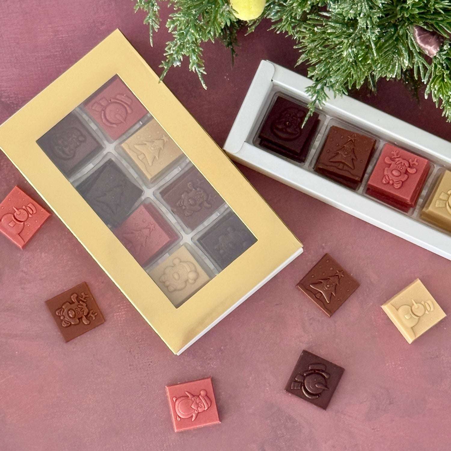 Gold gift box of Flèche Healthy Treats vegan chocolates, allulose-sweetened and perfect for Christmas gifting.