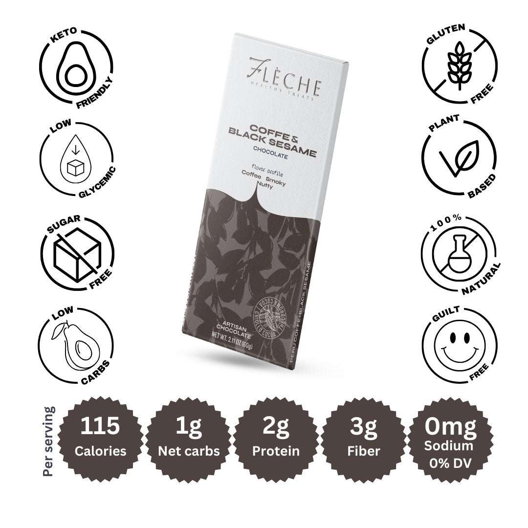 Flèche Healthy Treats Coffee & Black Sesame Chocolate - Artisan Dark Chocolate Delight - Fleche Healthy Treats