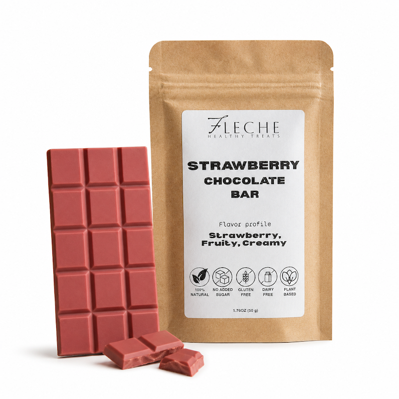 Strawberry chocolate bar with packaging labeled 'Fleche Healthy Treats' on a white background