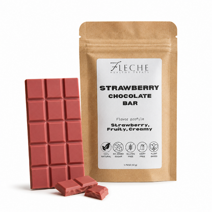 Strawberry chocolate bar with packaging labeled 'Fleche Healthy Treats' on a white background