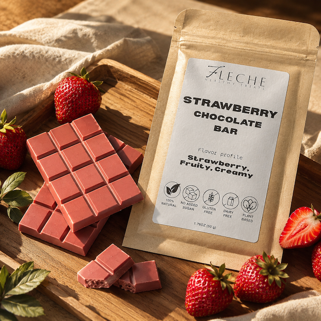 Strawberry chocolate bars with a packaging label on a wooden surface with strawberries.