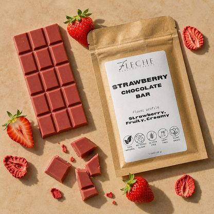 Fleche Strawberry Chocolate Bar with packaging on a brown background
