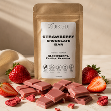Fleche Strawberry Chocolate Bar packaging with chocolate bars and strawberries on a light background