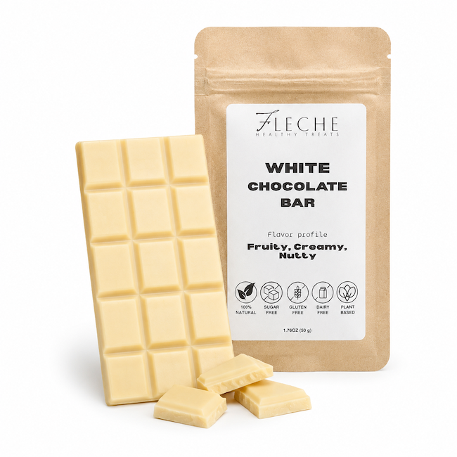 White chocolate bar with packaging labeled 'Fleche' on a white background