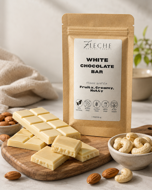 White chocolate bars on a wooden board with a package labeled 'White Chocolate Bar' by Flèche Healthy Treats