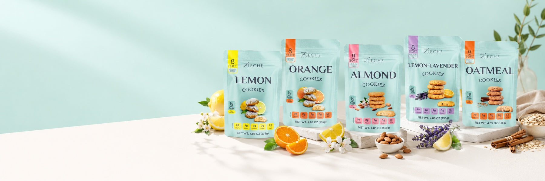 Five packages of Fleche cookies with different flavors on a light blue background