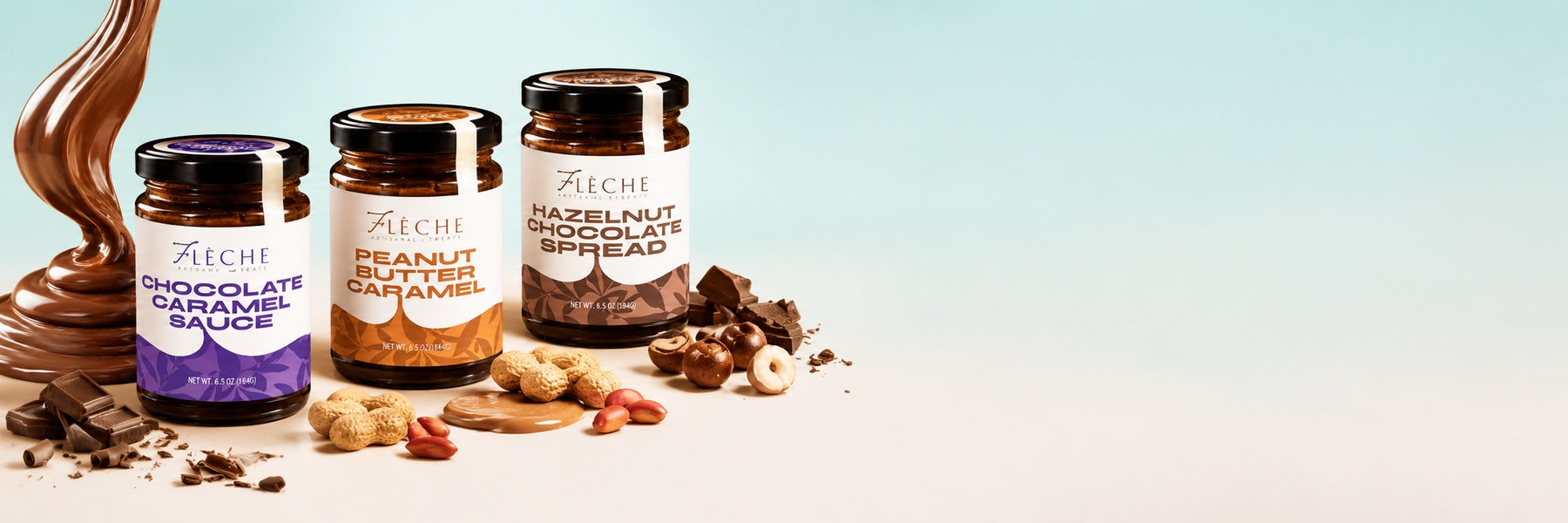 Jars of Fleche chocolate and peanut butter sauces with ingredients on a light blue background