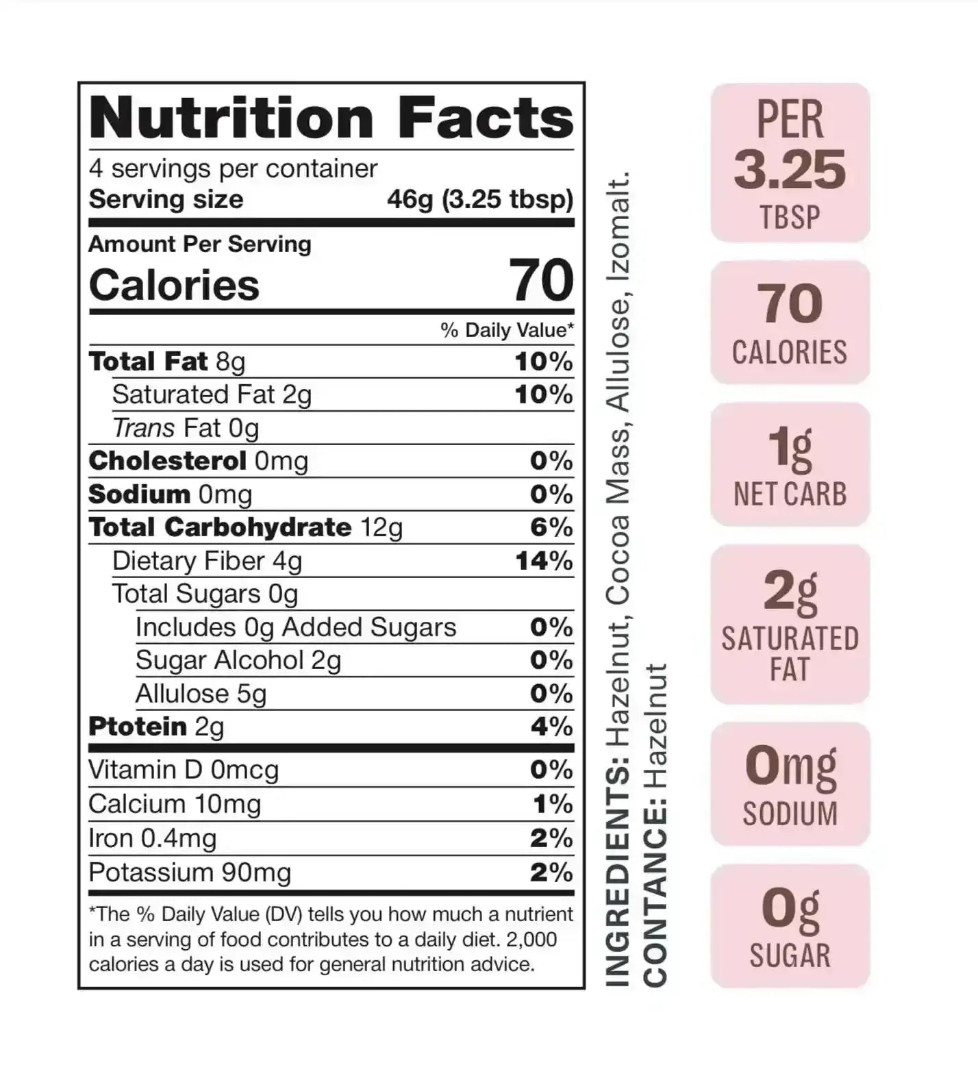 Nutrition facts for Hazelnut Chocolate Vegan Spread | Flèche Healthy Treats