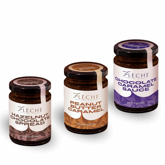 Irresistible Trio: Hazelnut - Chocolate Spread, Peanut Butter Caramel, Chocolate Caramel Sauce - Flèche Healthy Treats
