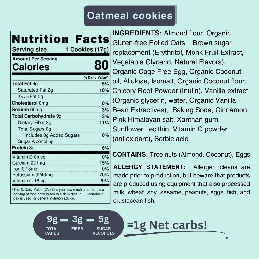 Sugar Free Oatmeal Cookies (Bag of 5 cookies) - Flèche Healthy Treats
