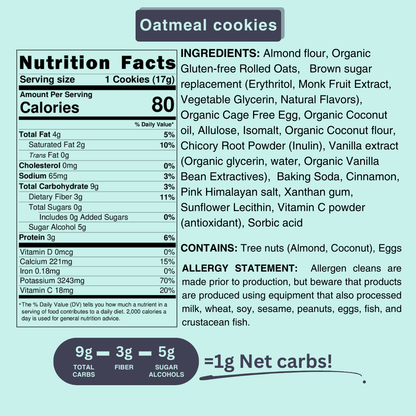 Sugar Free Oatmeal Cookies (Bag of 5 cookies) - Fleche Healthy Treats