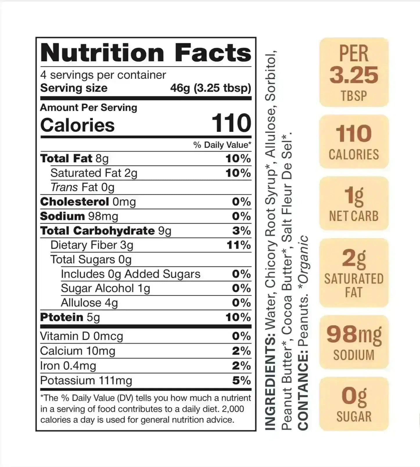 Nutrition facts for Sugar Free Peanut Butter Caramel | Flèche Healthy Treats