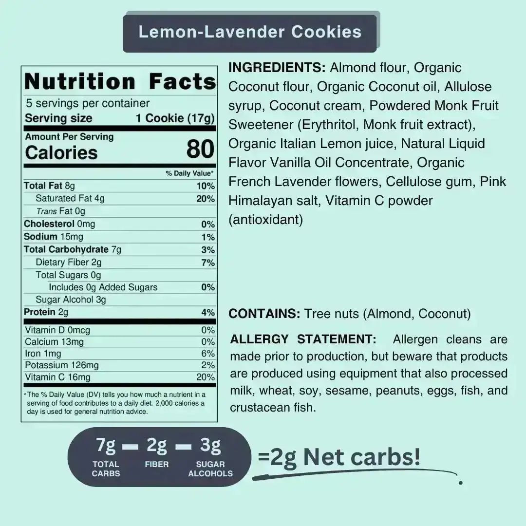 Nutrition facts for Vegan Gluten Free Lemon-Lavender Cookies | Flèche Healthy Treats