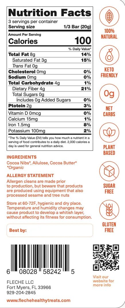Nutrition facts for Vegan Sugar Free 80% Dark Chocolate Peru | Flèche Healthy Treats