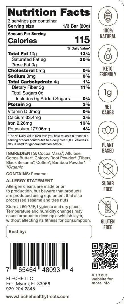 Nutrition facts for Vegan Sugar Free Coffee & Black Sesame Chocolate Bar | Flèche Healthy Treats