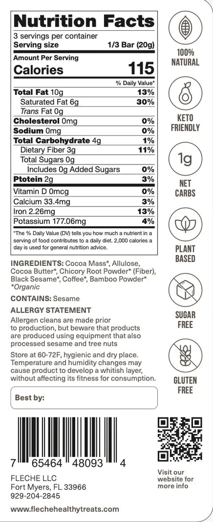 Vegan Sugar Free Coffee & Black Sesame Chocolate Bar | Flèche Healthy Treats - Flèche Healthy Treats